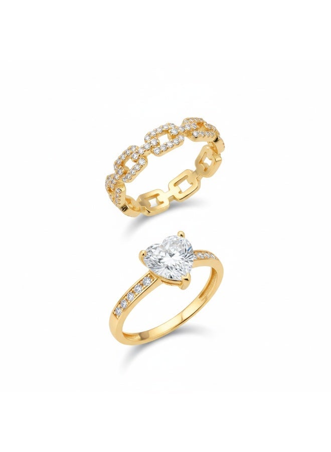 LAVEEN JEWELLERY Heart Solitaire & Pavé Chain Ring Set – 925 Sterling Silver, 18K Gold Plated, Cubic Zirconia, Stackable Luxury Rings for Women with Jewelry Box - Image 1