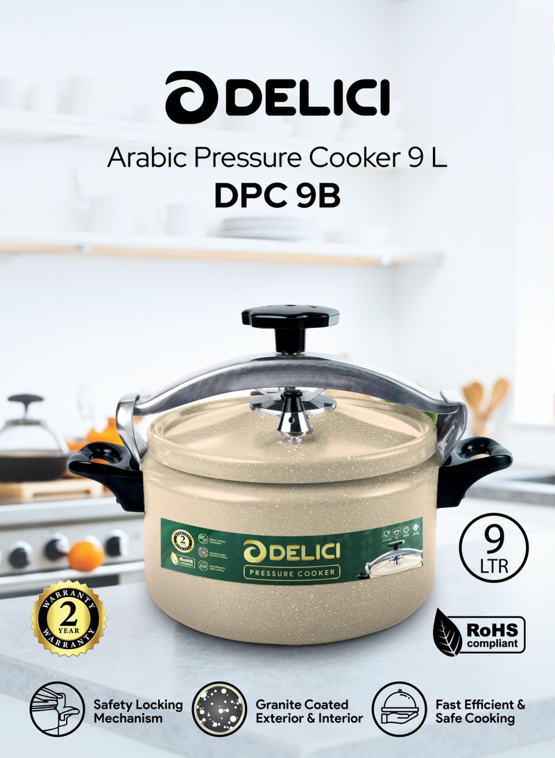 DELICI 9L Aluminum Arabic Pressure Cooker | Fast & Safe Cooking with Safety Lock | Heat-Resistant Base | Long-Lasting Rubber Sealing | Durable Body & Lid | Perfect Heat Distribution | Ideal For Modern Middle East Kitchen | Beige | DPC 9B - Image 2