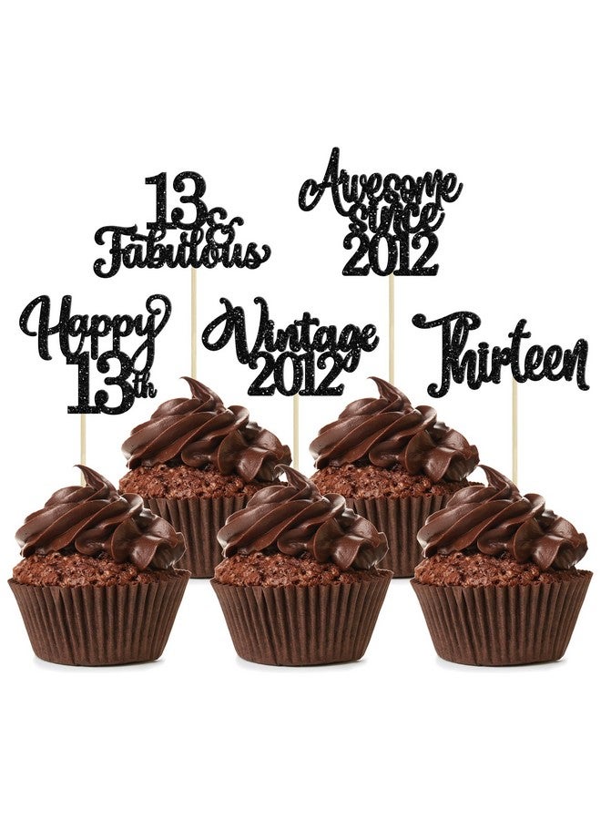 Ephlyn 30Pcs Happy 13th Birthday Cupcake Toppers Glitter Thirteen Vintage 2012 Cupcake Picks Cheers to 13 Fabulous Cake Decorations for 13th Birthday Wedding Anniversary Party Supplies Black - Image 1