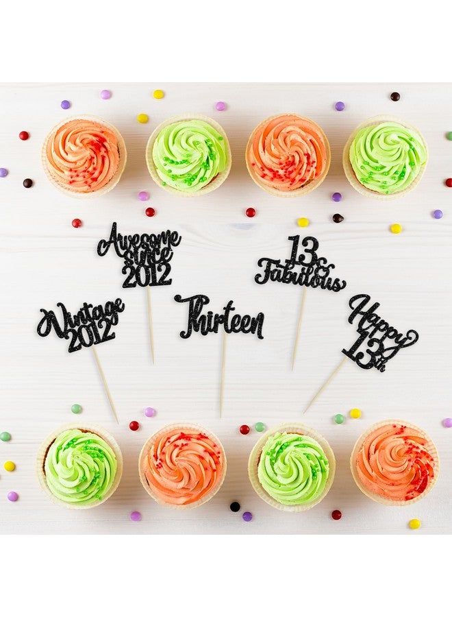 Ephlyn 30Pcs Happy 13th Birthday Cupcake Toppers Glitter Thirteen Vintage 2012 Cupcake Picks Cheers to 13 Fabulous Cake Decorations for 13th Birthday Wedding Anniversary Party Supplies Black - Image 3