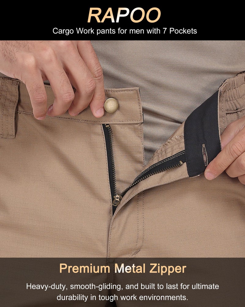 Rapoo Cargo Work Pants for Men Military Army Casual Hiking Pants for Men with Multi Pockets Elastic Waist Mens Ripstop Construction Carpenter Pants Khaki 34Wx32L - Image 3