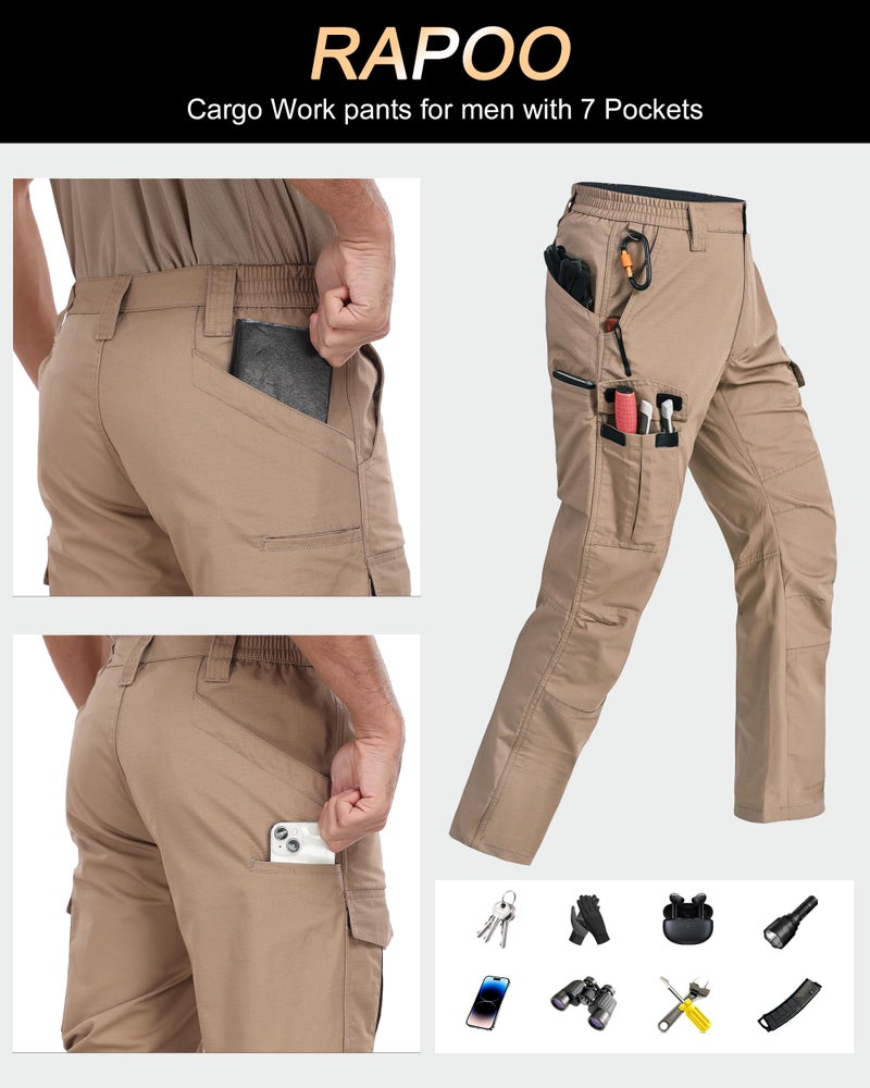 Rapoo Cargo Work Pants for Men Military Army Casual Hiking Pants for Men with Multi Pockets Elastic Waist Mens Ripstop Construction Carpenter Pants Khaki 34Wx32L - Image 5