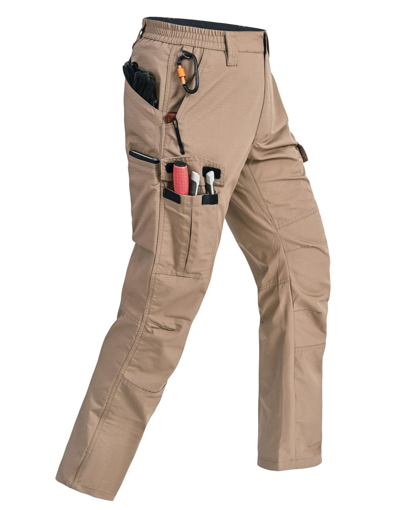 Rapoo Cargo Work Pants for Men Military Army Casual Hiking Pants for Men with Multi Pockets Elastic Waist Mens Ripstop Construction Carpenter Pants Khaki 34Wx32L - Image 1