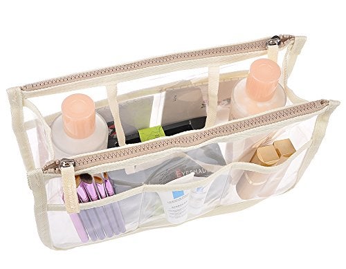 Vercord Translucent Purse Handbag Tote Pocketbook Bag Organizer Insert with Zipper Handle for Women Medium Beige - Image 5