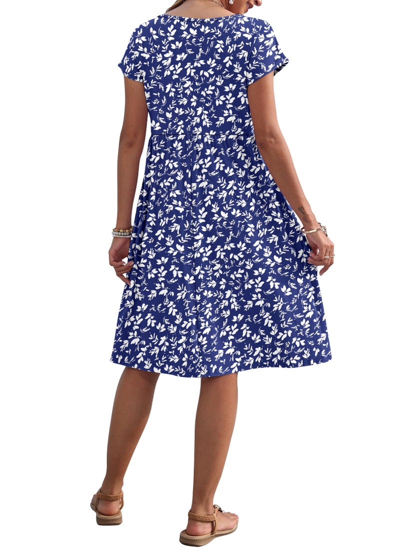 AUSELILY Women's Summer Short Sleeve Knee-Length Dresses Round Neck Loose Dress with Pockets 2026 New, Floral Blue White L - Image 4
