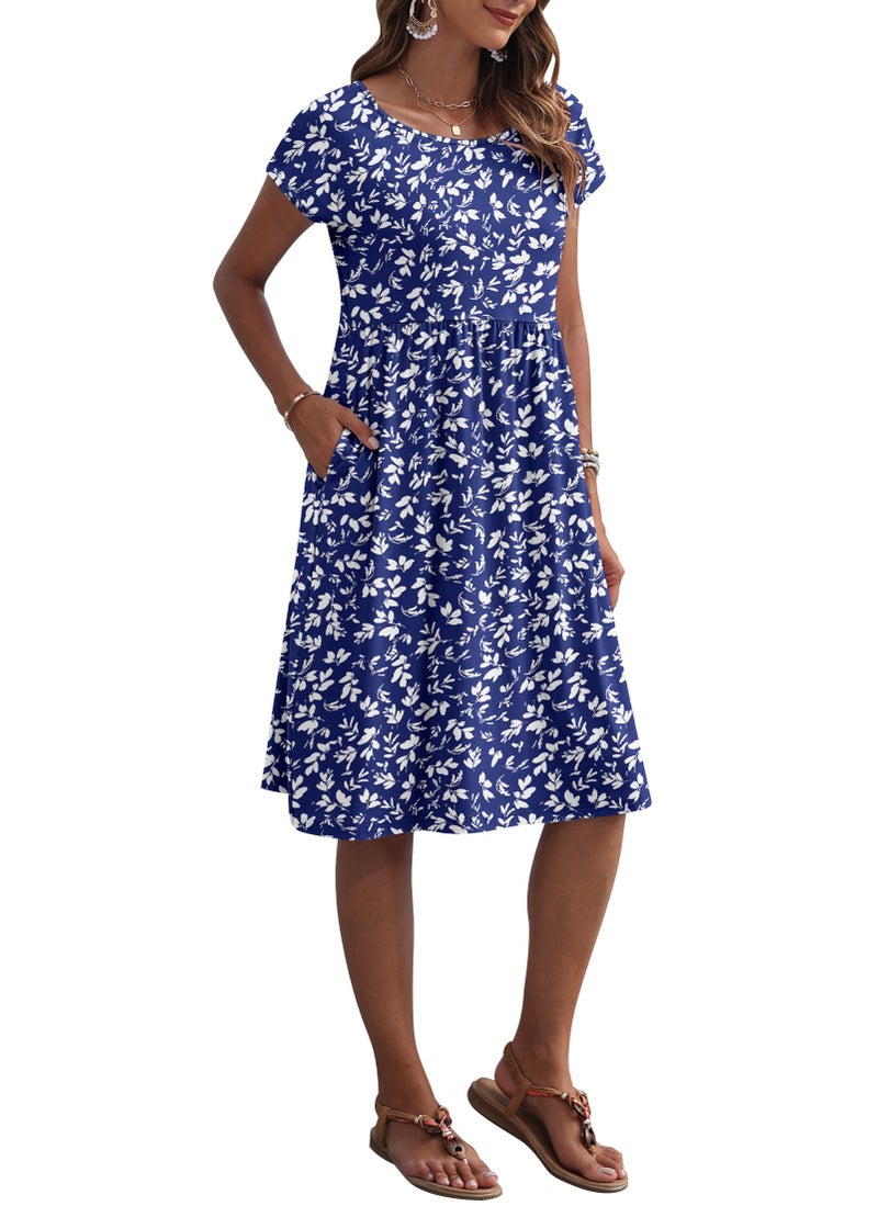 AUSELILY Women's Summer Short Sleeve Knee-Length Dresses Round Neck Loose Dress with Pockets 2026 New, Floral Blue White L - Image 2