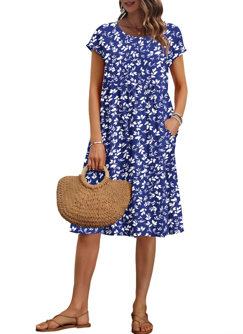 AUSELILY Women's Summer Short Sleeve Knee-Length Dresses Round Neck Loose Dress with Pockets 2026 New, Floral Blue White L - Image 1