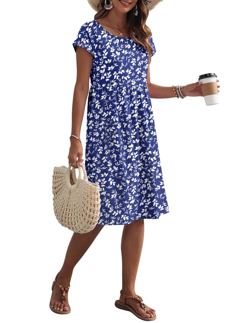 AUSELILY Women's Summer Short Sleeve Knee-Length Dresses Round Neck Loose Dress with Pockets 2026 New, Floral Blue White L - Image 5