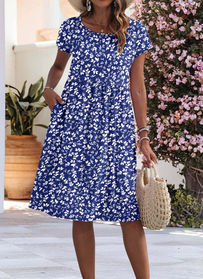 AUSELILY Women's Summer Short Sleeve Knee-Length Dresses Round Neck Loose Dress with Pockets 2026 New, Floral Blue White L - Image 3