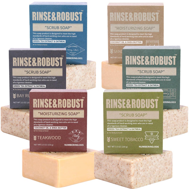 Rinse & Robust Mens Natural Bar Soap 6Pcs Handmade Cleansing Soap Bar Set Moisturizing&Exfoliating Scrub Soap Gifts for Men 6 Different Scents 3.5 oz of 6 Bars - Image 1
