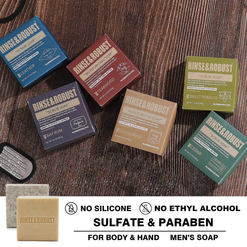 Rinse & Robust Mens Natural Bar Soap 6Pcs Handmade Cleansing Soap Bar Set Moisturizing&Exfoliating Scrub Soap Gifts for Men 6 Different Scents 3.5 oz of 6 Bars - Image 4