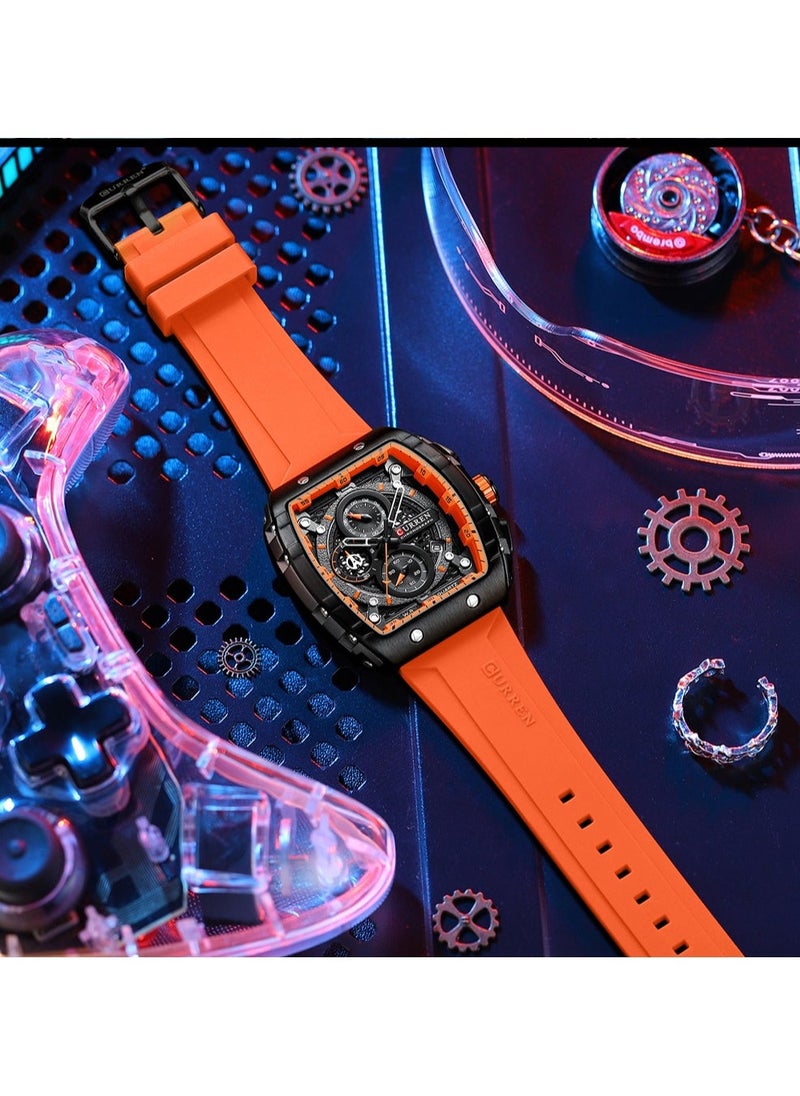 CURREN Men's Waterproof Quartz Watch, Luminous Markers, Silicone Strap, 8442 Orange - Image 3