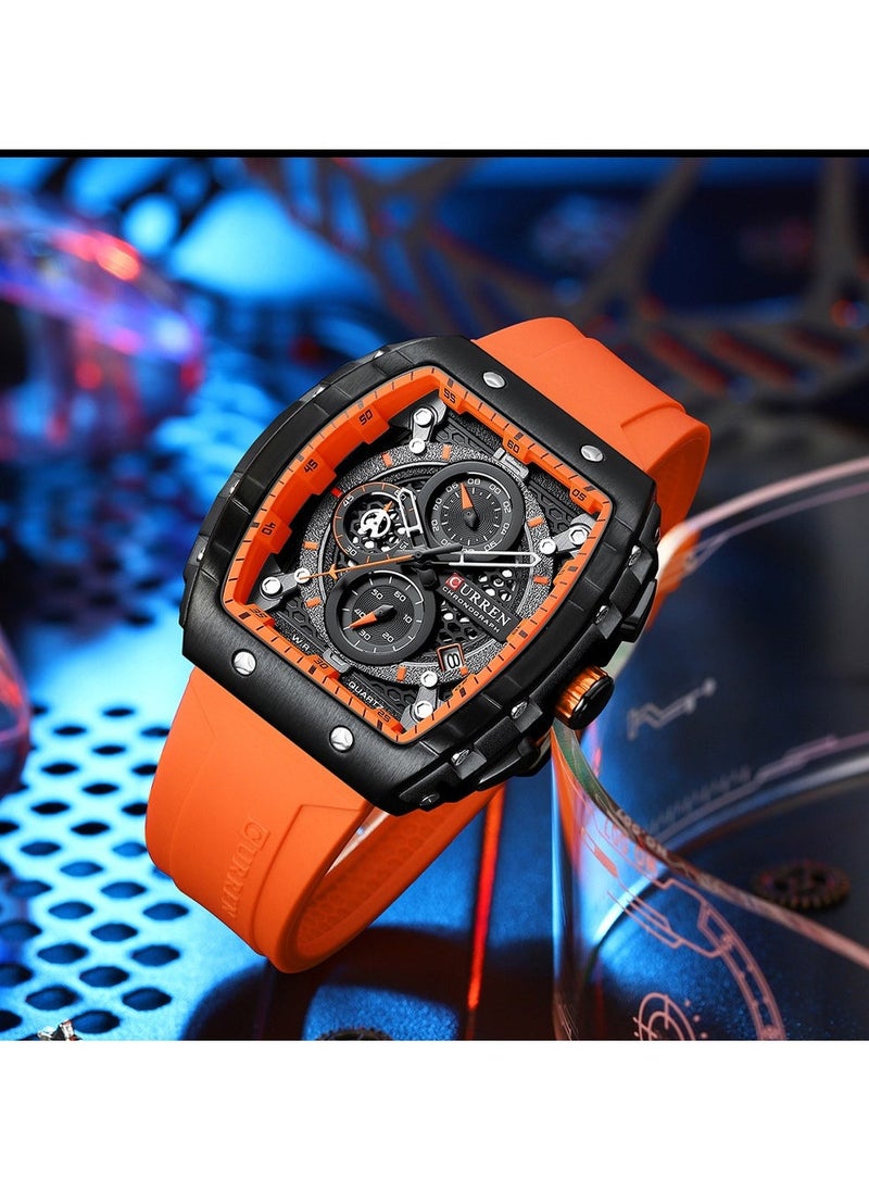 CURREN Men's Waterproof Quartz Watch, Luminous Markers, Silicone Strap, 8442 Orange - Image 2