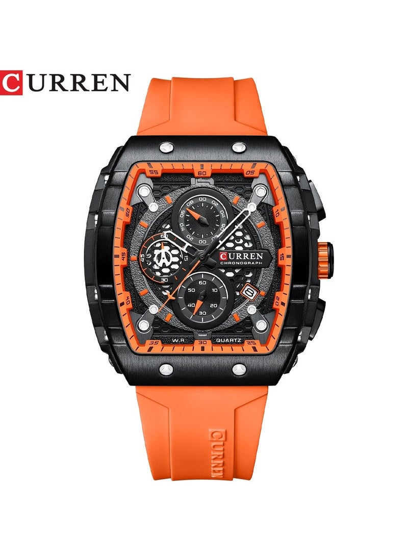 CURREN Men's Waterproof Quartz Watch, Luminous Markers, Silicone Strap, 8442 Orange - Image 1