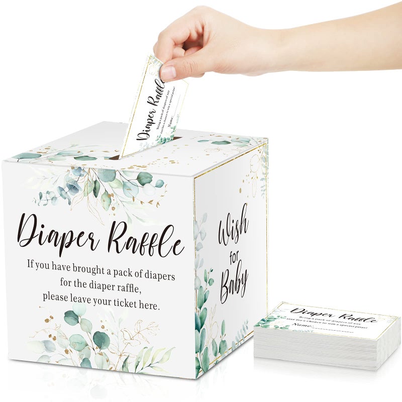 Pajean Diaper Raffle Box for Baby Shower with 50 Pcs Greenery Diaper Raffle Tickets Baby Shower Party Decorations Leaves Insert Invitations Card, Bring a Pack of Diapers to Win Prize Games - Image 1