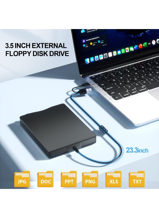 قارئ قرص فلوبي خارجي USB، مقاس 3.5 بوصة بتوصيلات USB و C-Type، محرك قرص فلوبي خارجي محمول 1.44 ميجابايت تعبئة ومشغل فوري (Plug and Play) FDD لمكتبات الحاسوب مع أنظمة ويندوز XP 7 8 10 11 (لون أسود) - Image 3