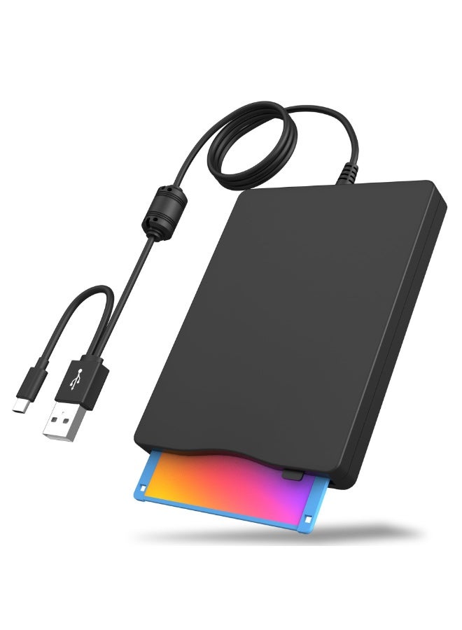 قارئ قرص فلوبي خارجي USB، مقاس 3.5 بوصة بتوصيلات USB و C-Type، محرك قرص فلوبي خارجي محمول 1.44 ميجابايت تعبئة ومشغل فوري (Plug and Play) FDD لمكتبات الحاسوب مع أنظمة ويندوز XP 7 8 10 11 (لون أسود) - Image 1