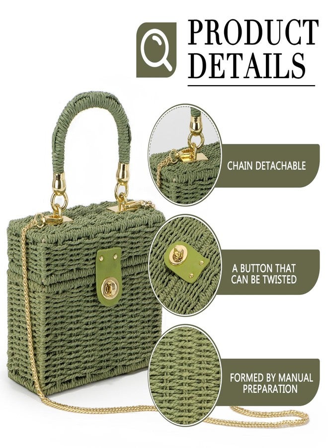 Fecialy Women Handwoven Rattan Handbag Beach Straw Tote Bag Square Boho Crossbody Bag，Green - Image 3