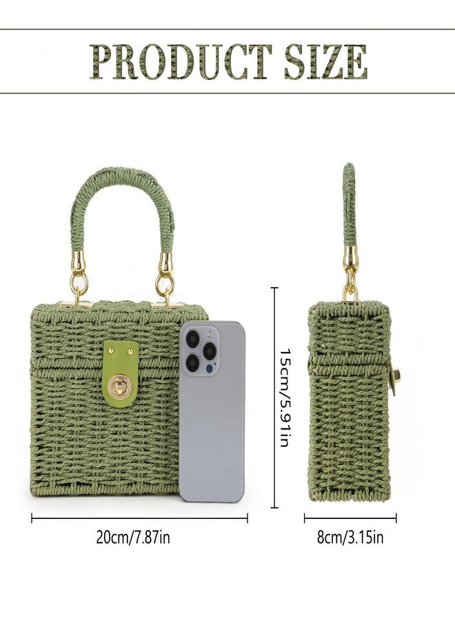 Fecialy Women Handwoven Rattan Handbag Beach Straw Tote Bag Square Boho Crossbody Bag，Green - Image 2