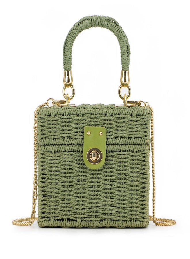 Fecialy Women Handwoven Rattan Handbag Beach Straw Tote Bag Square Boho Crossbody Bag，Green - Image 1