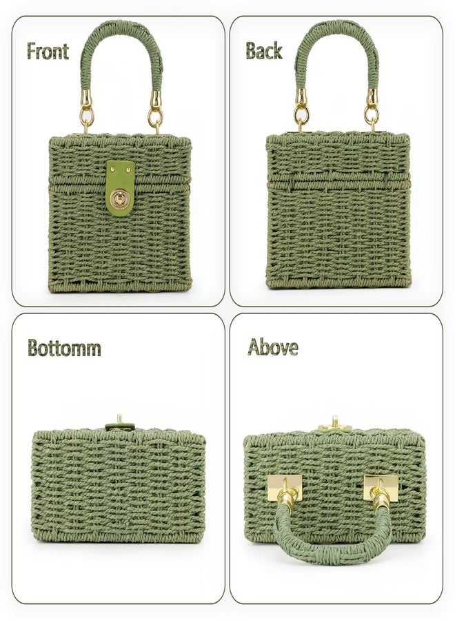 Fecialy Women Handwoven Rattan Handbag Beach Straw Tote Bag Square Boho Crossbody Bag，Green - Image 4