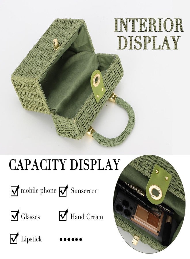Fecialy Women Handwoven Rattan Handbag Beach Straw Tote Bag Square Boho Crossbody Bag，Green - Image 5