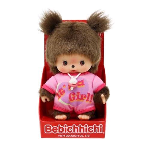 Sekiguchi 203857 Original Bebichhichi Girl Plush Toy with Pink Romper and Two Braids Approx 14 cm Large Cuddly Toy Made of Brown Plush - Image 1
