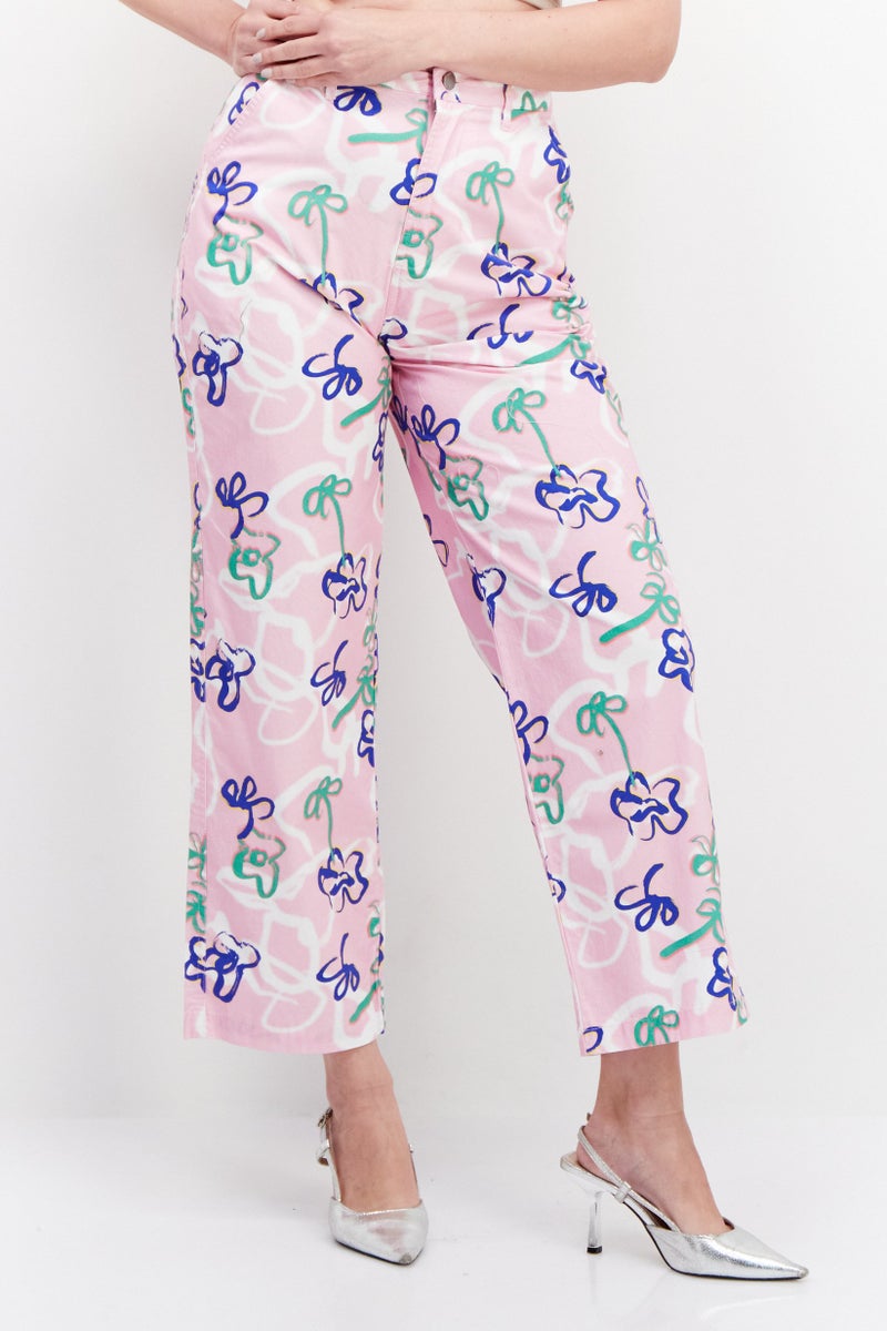 Misfit Women Allover Printed Wide Leg Pant, Pink Combo - Image 1