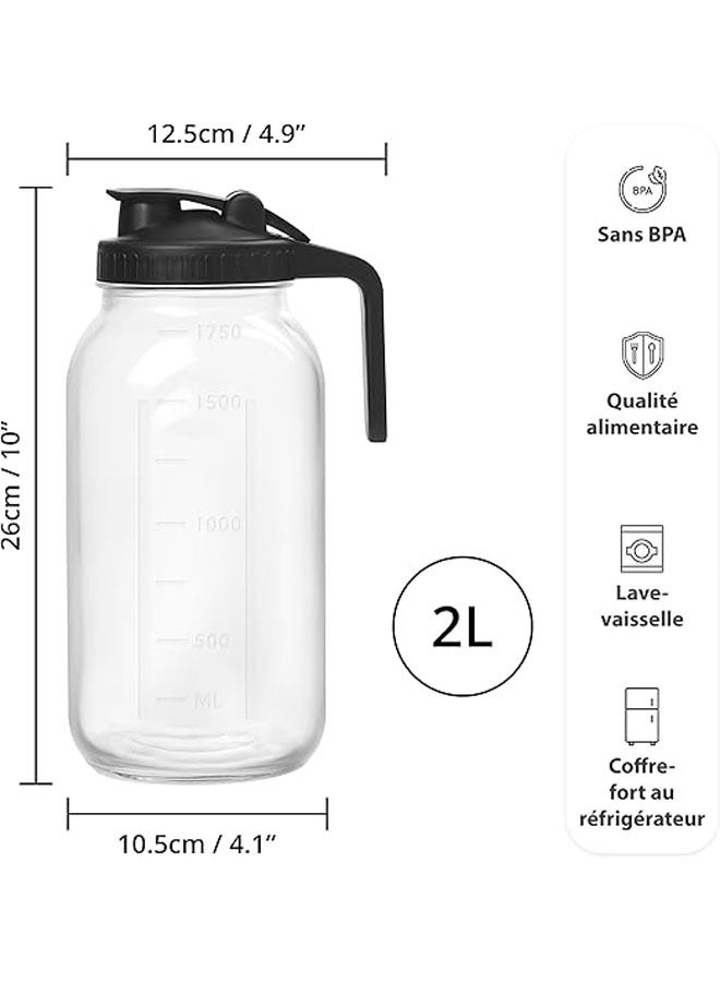 Glass jug with spout lid 2L - Large kettle waterproof kettle for water, juice, tea, milk, coffee - Wide mouth kettle with handle - Solid container - Image 2