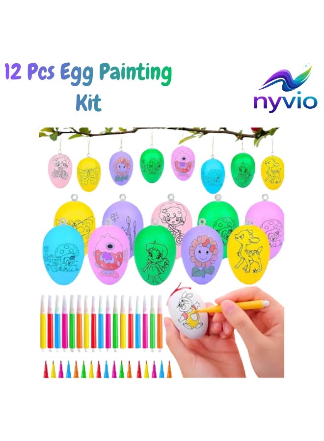 12Pcs Egg Painting Kit - DIY Hanging Easter Eggs with 48 Color Pens | Painting Craft Set for Kids | Easter Party Favors, Pinata Fillers, Birthday Gifts