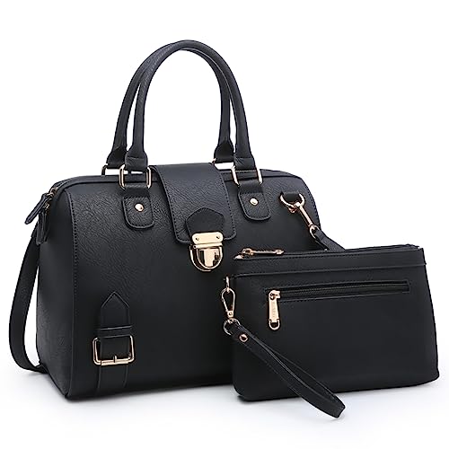 Dasein Women Barrel Handbags Fashion Satchel Bags Top Handle Shoulder Purses Vegan Leather Work Tote (Buffalo Black) - Image 1