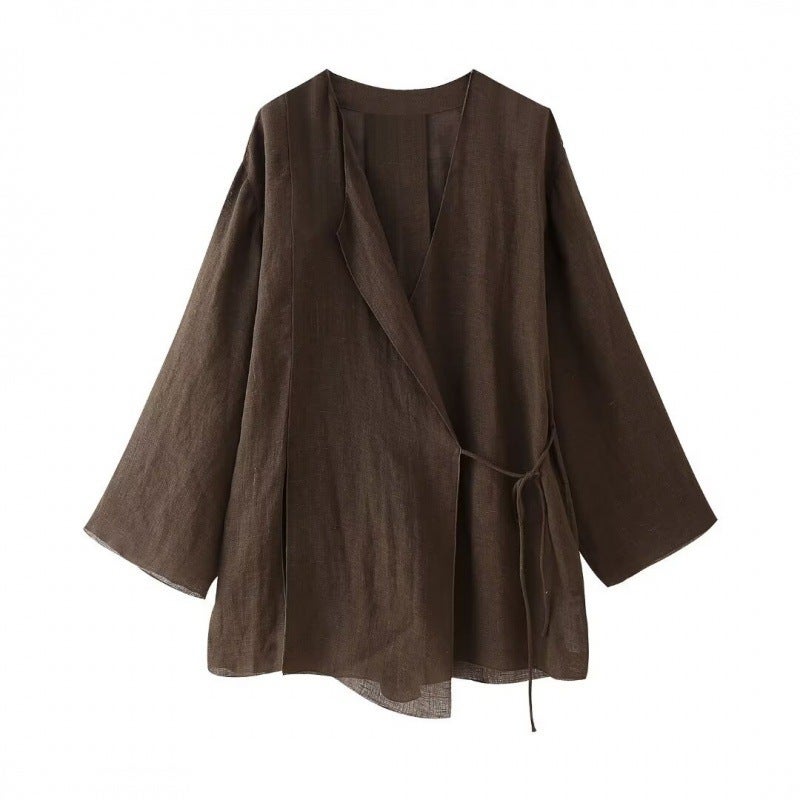 Women'S Linen Kimono Cross Jacket Fashion Trousers Suit For Women - Image 1
