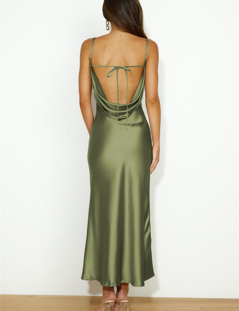 Mogidol Summer Satin Spaghetti Strap Cowl Neck Backless Midi Dresses for Women Elegant Tie Low Back Ruched Cocktail Dress Olive - Image 2