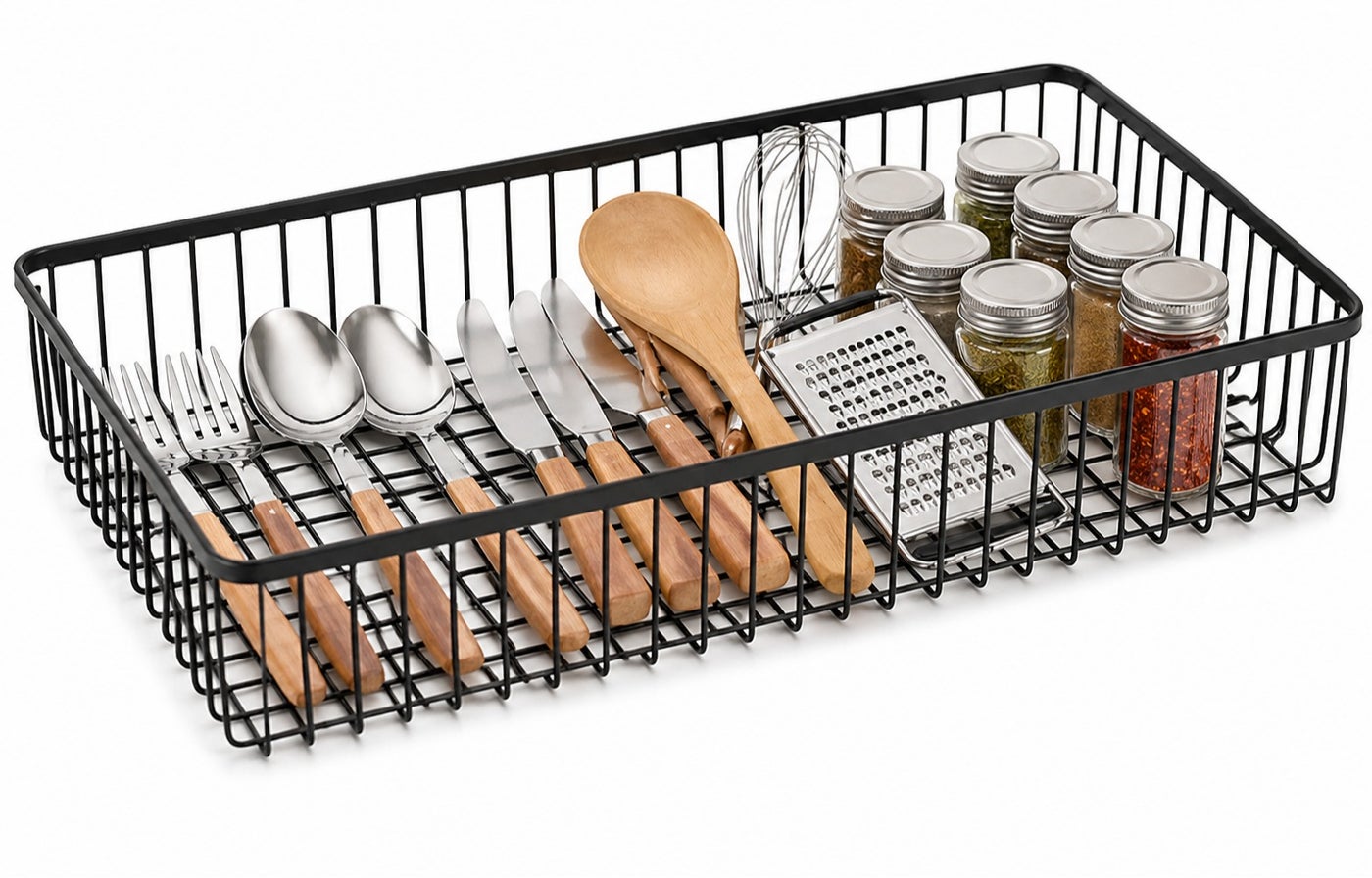 Dunekart Kitchen Drawer Organizer Tray, Metal Cabinet Storage Basket for Cutlery Utensils Spoons Forks Gadgets, Countertop Organization - Black (Pack of 1)