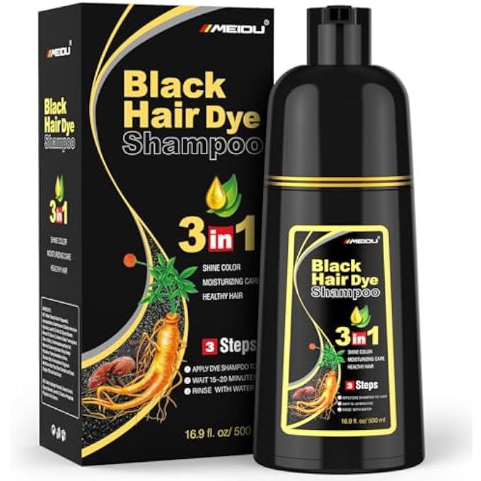 MEIDU Black Hair Dye Shampoo 3 in 1 for Gray Hair, Black Hair Dye for Women Men, Hair Color for Women Herbal Ingredients Natural (500ml,16.9oz) (Black)