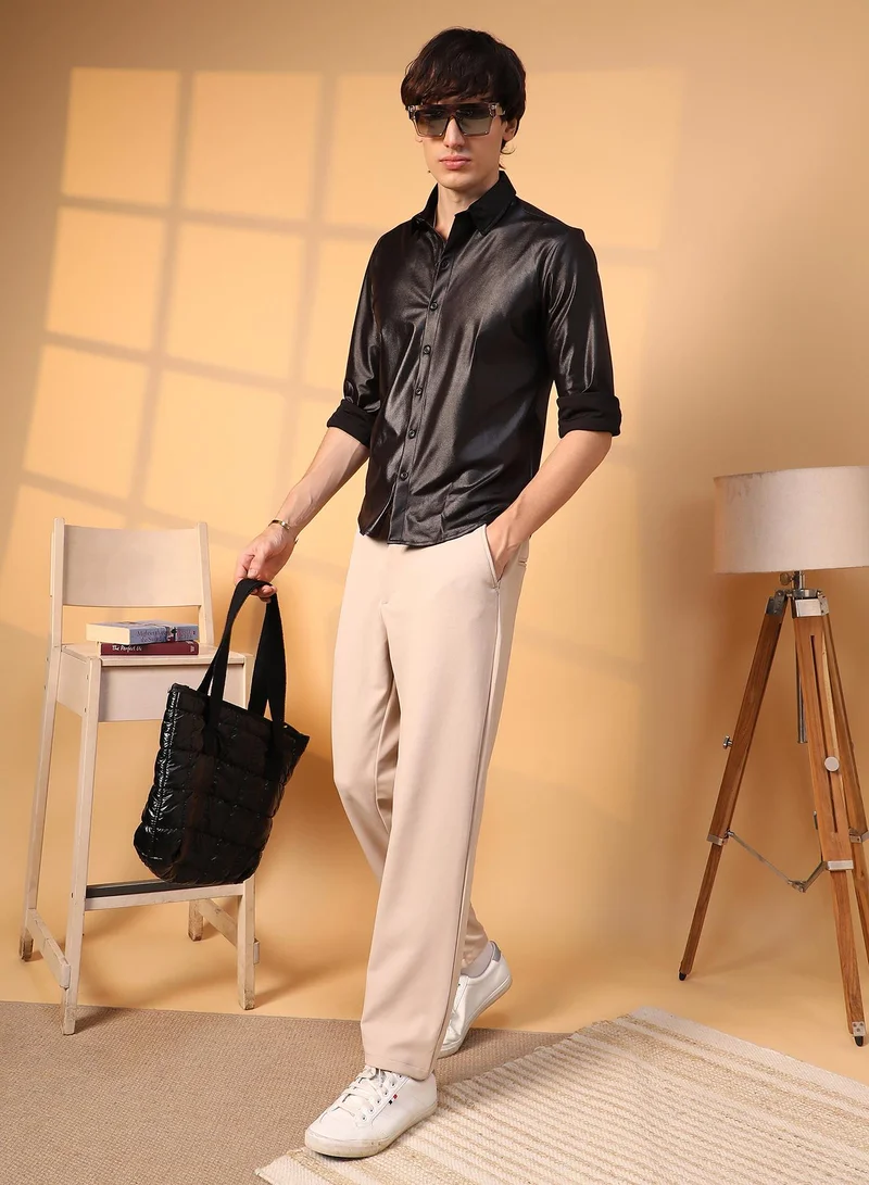 Campus Sutra Men's Obsidian Black Solid Suede Shirt