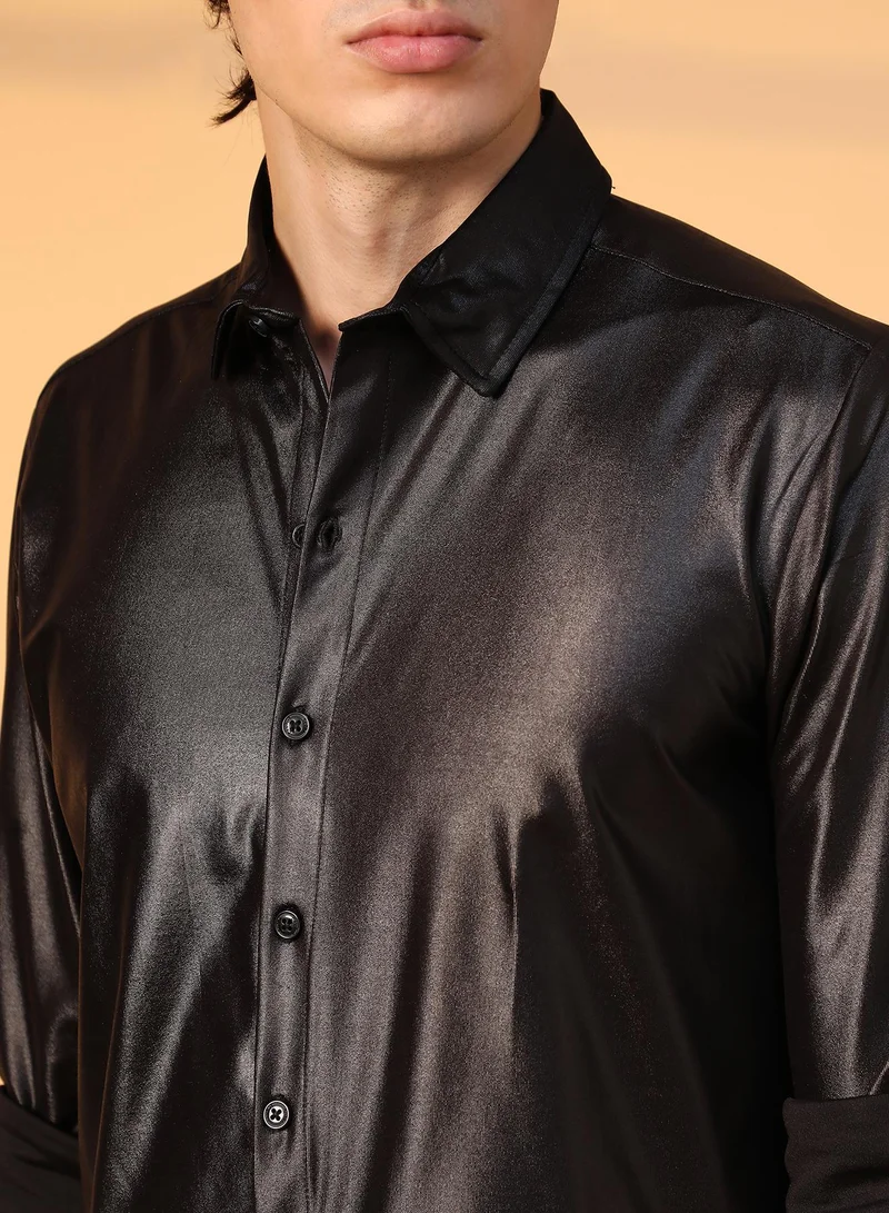 Campus Sutra Men's Obsidian Black Solid Suede Shirt