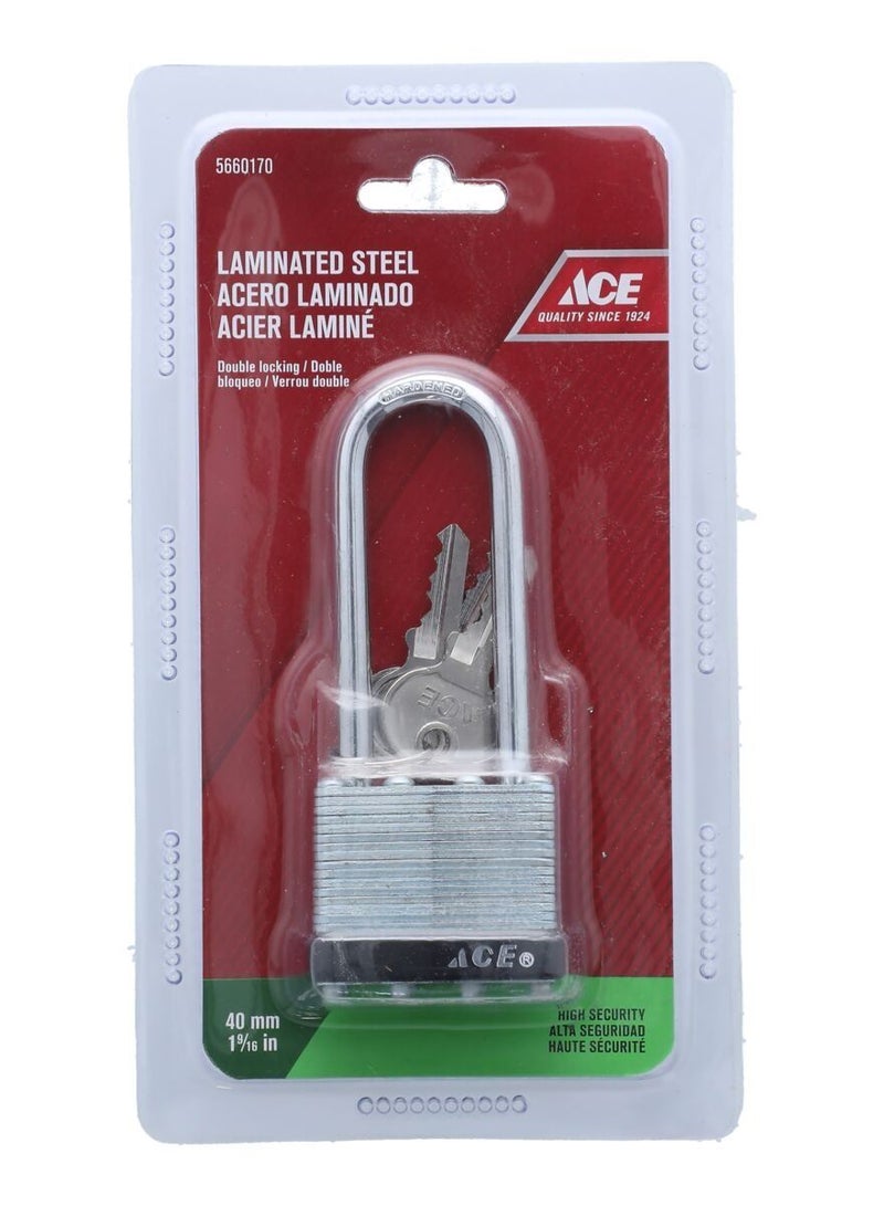 ACE Ace Laminated Steel Long Shackle Padlock With Keys Silver And Black 40mm