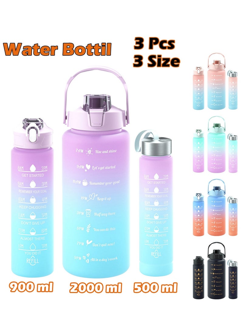 MODERN HOME - 3Pcs Sports Water Bottle With Straw 2L 900ml And 500ml Made of high quality plastic Drinking BPA Free Non Toxic With Sports Drinks Time Markings Motivational Fitness - Image 1