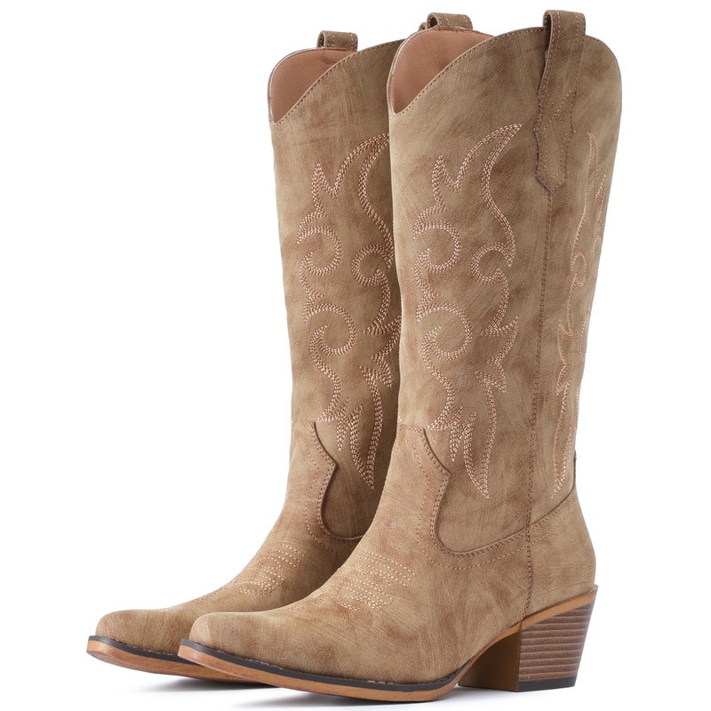 IUV Cowboy Boots For Women Western Cowgirl Boots Mid Calf Snip Toe Boot With Chunky Heel - Image 1