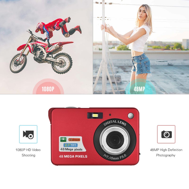 Portable 1080P Digital Camera Video Camcorder 48MP Anti-shake 8X Zoom 2.7 Inch LCD Screen Face Detact Smile Capture Built-in Lithium Battery with Carry Bag Wrist Strap for Kids Teens - Image 4