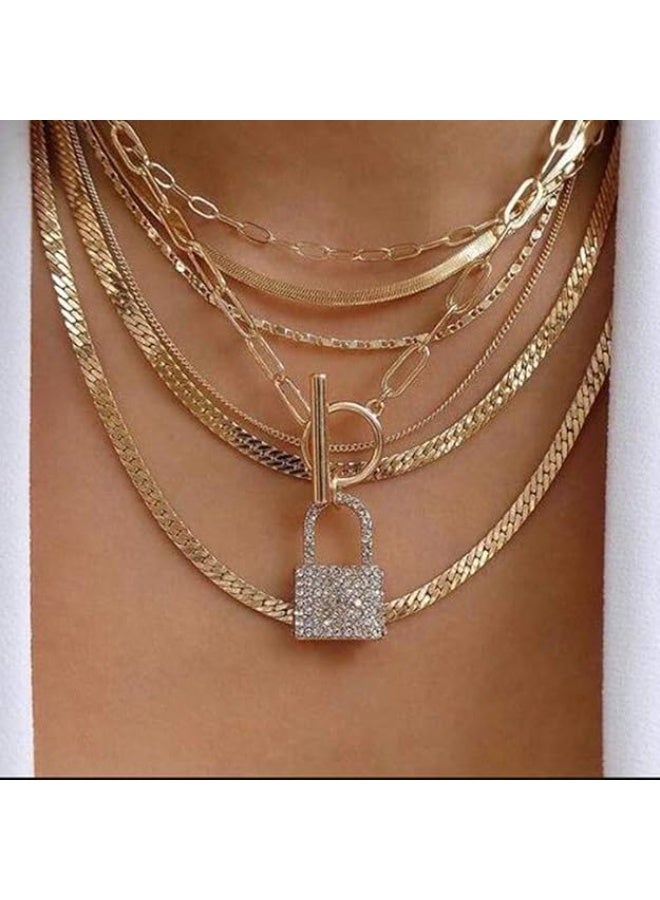 Chargances Gold Snake Bone Chain Necklace for Women Iced Out Lock Toggle Chain Choker Necklace Ladies Boho Jewelry Punk Cuban Link Chain - Image 1