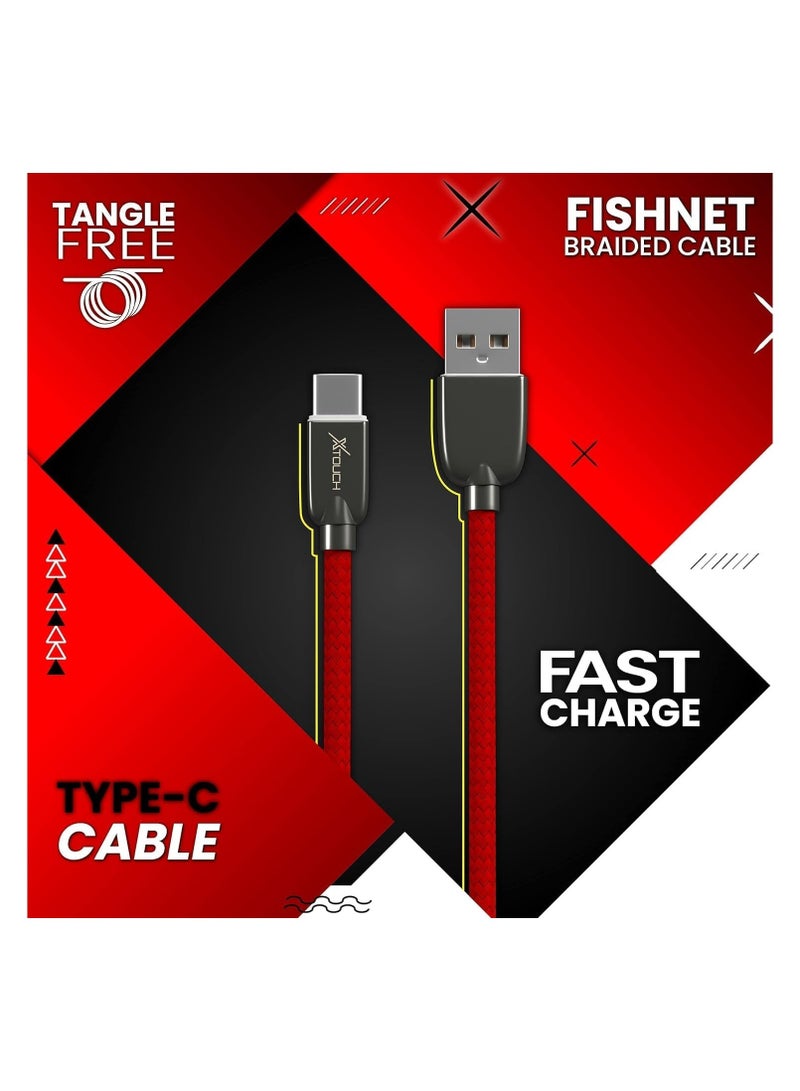 XTOUCH Fast Charging & Data Sync Cable – 1.2M Fishnet Braided, Durable & Tangle-Free – Compatible with All Type-C Devices – Red - Image 3