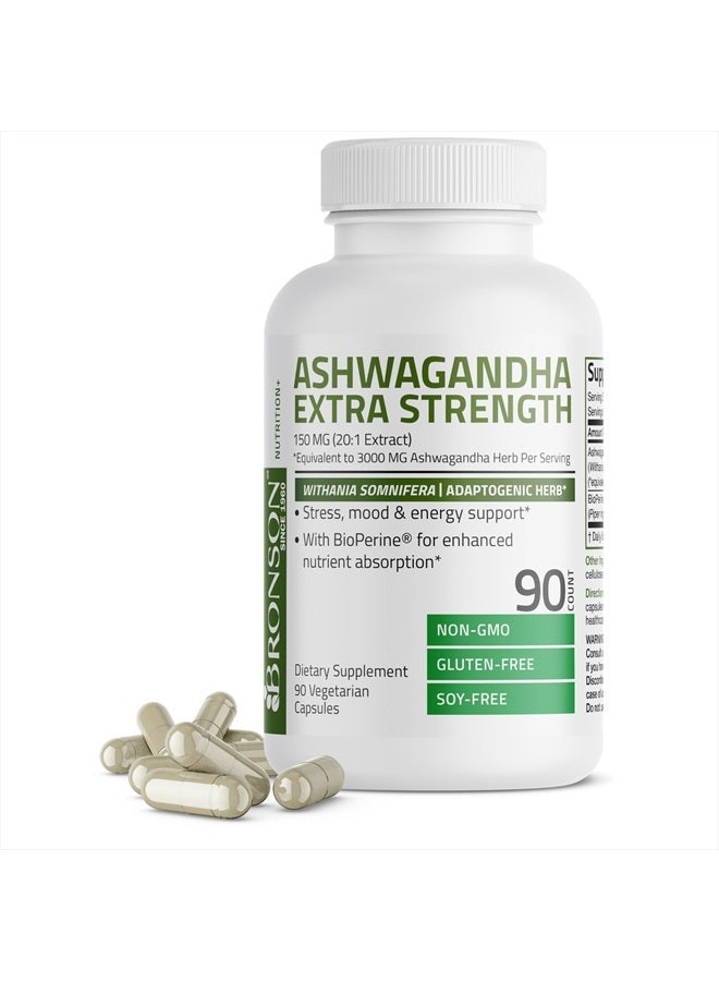 Ashwagandha Extra Strength Stress & Mood Support with BioPerine - Non GMO Formula, 90 Vegetarian Capsules