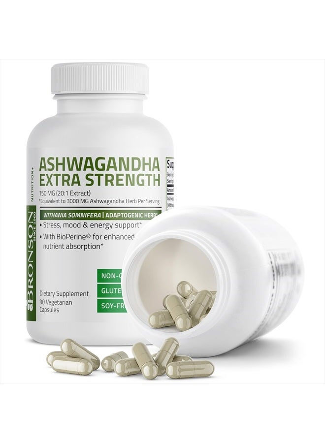 Ashwagandha Extra Strength Stress & Mood Support with BioPerine - Non GMO Formula, 90 Vegetarian Capsules