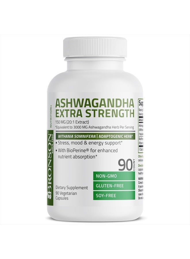 Ashwagandha Extra Strength Stress & Mood Support with BioPerine - Non GMO Formula, 90 Vegetarian Capsules
