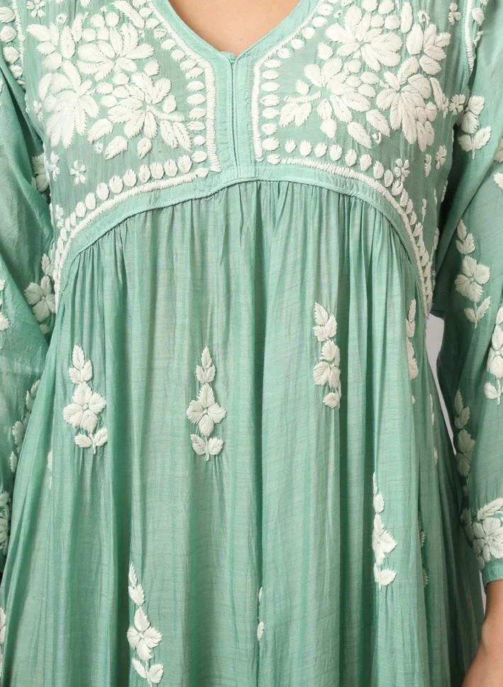 Alaya Hand Embroidered Chikankari A-Line Gathering Pattern Muslin Jalabiya-AL4002