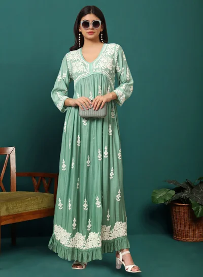 Alaya Hand Embroidered Chikankari A-Line Gathering Pattern Muslin Jalabiya-AL4002