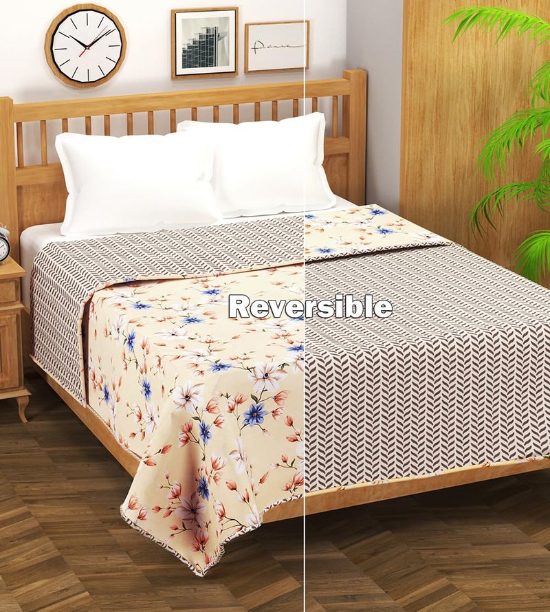 BSB بطانية مزدوجة قابلة للعكس من BSB HOME مصنوعة من القطن الخالص 120 جرام/متر مربع خفيفة الوزن مطبوعة - 220 × 230 سم - كريمي وأزرق - Image 2