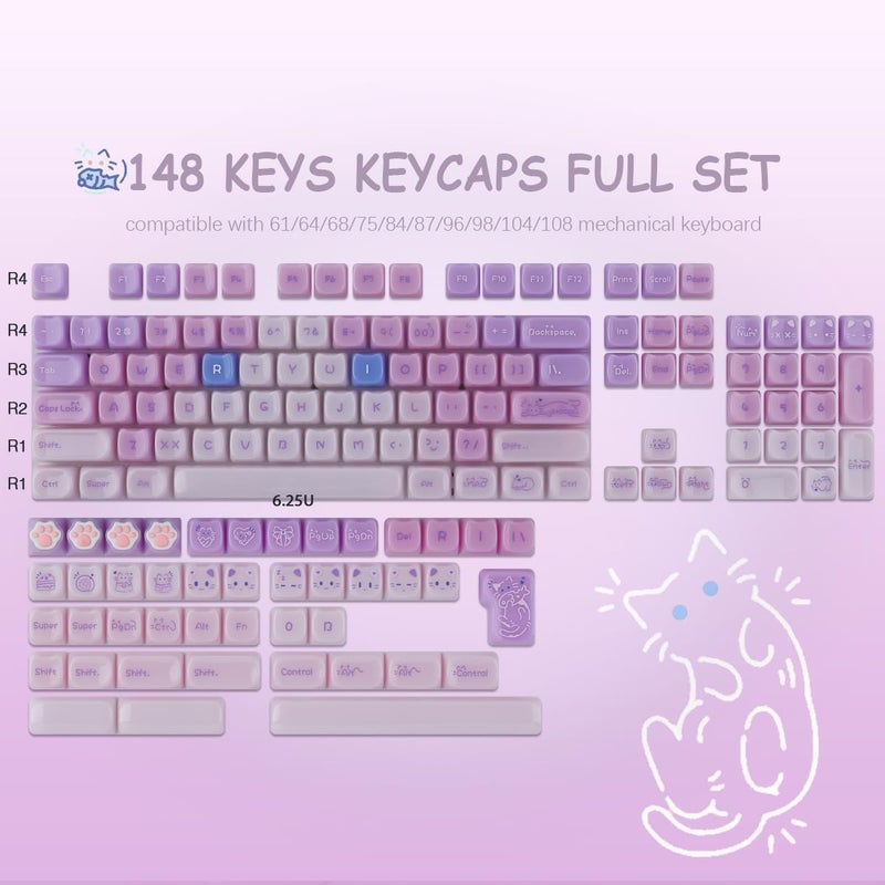 TYRIXKI Ceramic Jade Purple Cat Keycaps, 148 Keys Translucent Creamy Jelly Cute Keycaps Mao Profile Custom Keycap for Cherry Gateron MX Swithes Mechanical Keyboards - Image 2